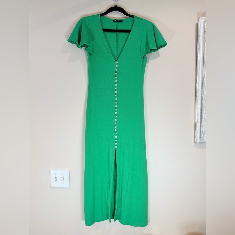 🔥Zara Green Button-Front V-Neck Maxi Dress Size S EC🔥
